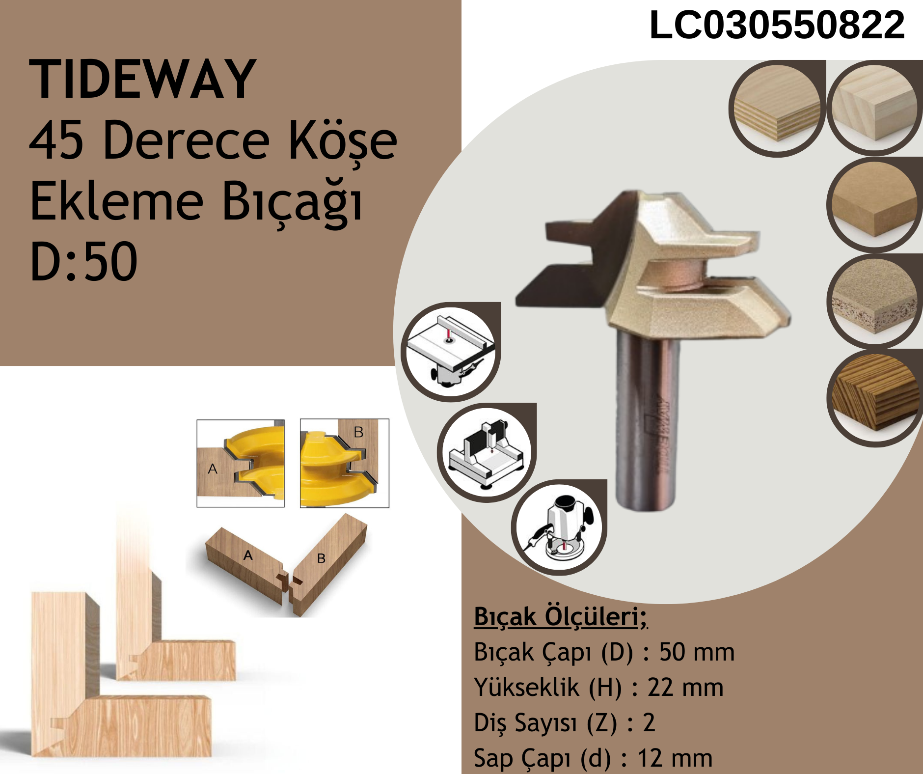 Tıdeway 45 Derece Köse Ekleme Bıçağı D:50 mm