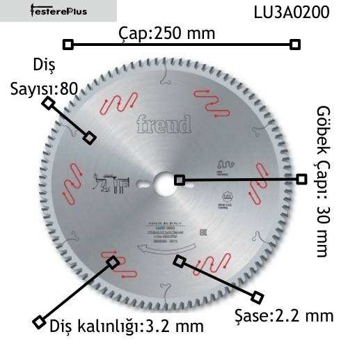 FREUD LU3A Suntalam ve Mdflam Testereleri Sivri Diş 250x3,2/2,2x30 z80-LU3A0200