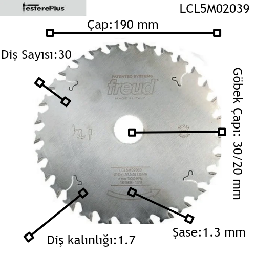 FREUD LCL5M Taşınabilir Makineler için Sunta Kesme Testereleri İnce 190x1,7/1,3x30-20 z30-LCL5M02039