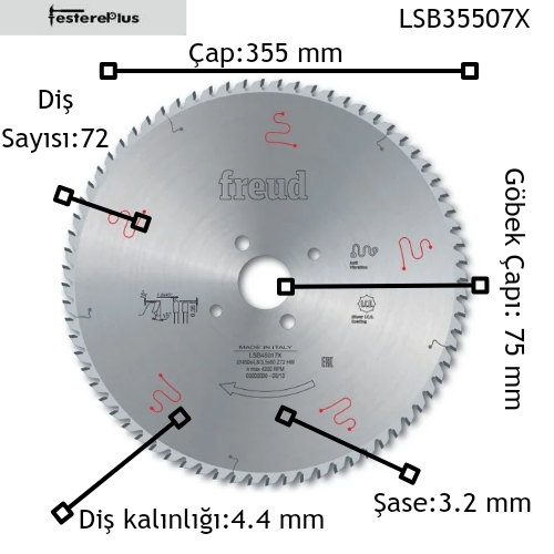 FREUD LSBX Panel Ebatlama Testereleri 355x4,4/3,2x75 z72-LSB35507X