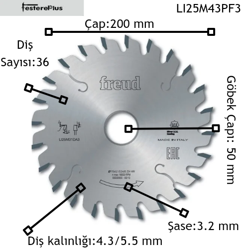 FREUD LI25M Panel Ebatlama Çizicileri 200x4,3-5,5/3,2x50 z36-LI25M43PF3