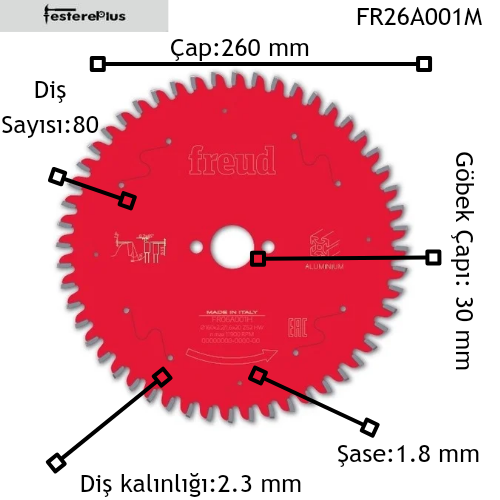 FREUD Gönye Kesme Makineleri için Alüminyum Kesim Testereleri 260x2,3/1,8x30 z80-FR26A001M