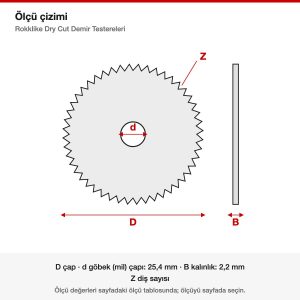 Rokklike Dry Cut Demir Testereleri ölçü çizimi